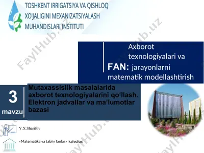 excel elektron jadvalida ma’lumotlarni kiritish, taxrirlash, formulalar bilan ishlash, diagramma tuzish. — DOCX