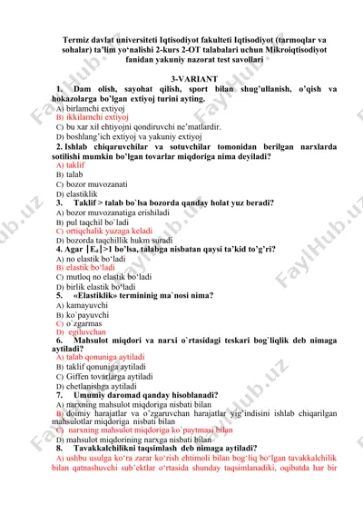 mikroiqtisodiyot nazorat test savollari — DOCX