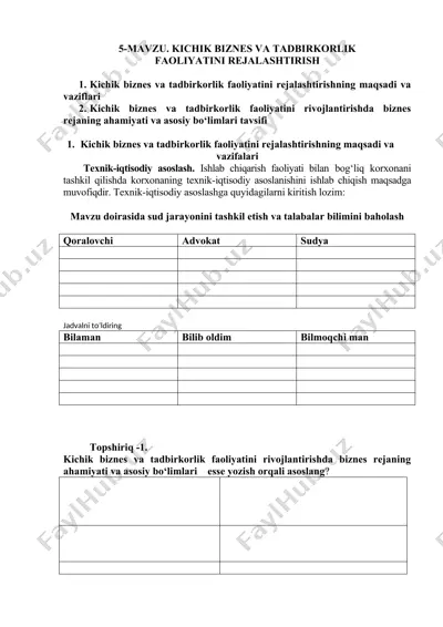 kichik biznes va tadbirkorlik faoliyatini rejalashtirish — DOC