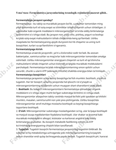 fermentatsiya jarayonlarining texnologik rejimlarini nazorat qilish — DOCX