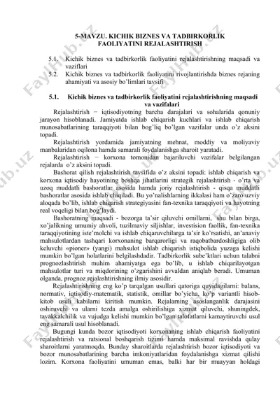 kichik biznes va tadbirkorlik faoliyatini rejalashtirish — DOC