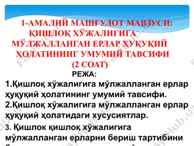 амалий машгʻulot mavzusi: qishloq xo'jaligiga mўljallanganerlarҳuquqiy holatining umumiy tavsifi (2 soat) — PPTX