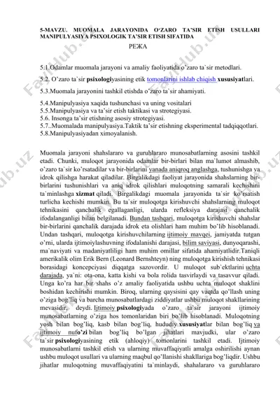 muomala jarayonida o‘zaro ta’sir etish usullari manipulyatsiya psixologik ta’sir etish sifatida — DOCX