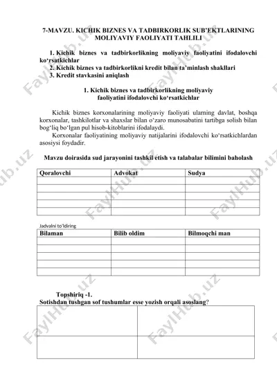 kichik biznes va tadbirkorlikning moliyaviy faoliyatini ifodalovchi ko‘rsatkichlar — DOC