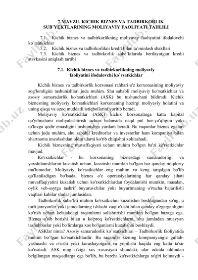 kichik biznes va tadbirkorlikning moliyaviy faoliyatini tahlil qilish — DOC