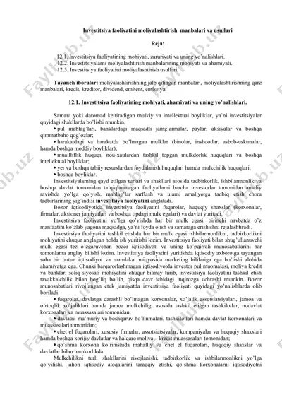 investitsiya faoliyatini moliyalashtirish manbalari va usullari — DOC