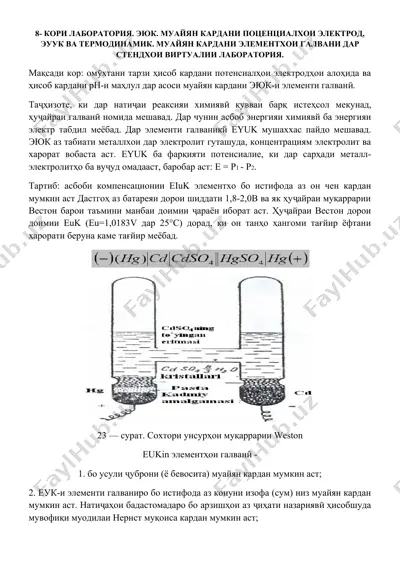 кори лаборатория. эюк. муайян кардани поценциалхои электрод, эуук ва термодинамик. муайян кардани элементхои галвани дар стендхои виртуалии лаборатория. — DOCX