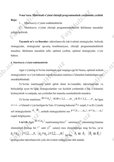 matritsali o'yinni chiziqli programmalash yordamida yechish — DOCX