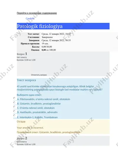 patologik fiziologiya test savollari — DOCX