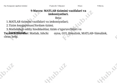 matlab tizimini vazifalari va imkoniyatlari — PPTX