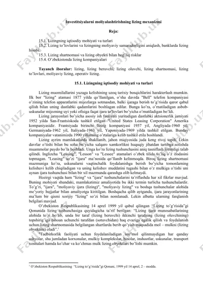 investitsiyalarni moliyalashtirishning lizing mexanizmi — DOC