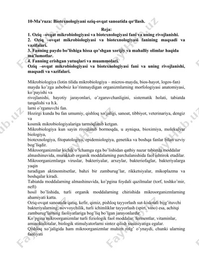 oziq-ovqat mikrobiologiyasi va biotexnologiyasi — DOCX