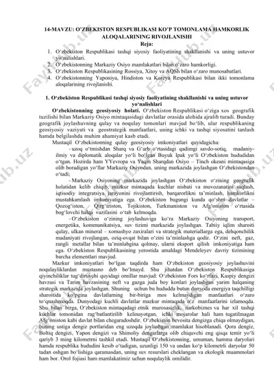 o‘zbekiston respublikasi ko‘p tomonlama hamkorlik aloqalarining rivojlanishi — DOCX