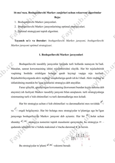 boshqariluvchi markov zanjirlari uchun rekurrent algoritmlar — DOCX
