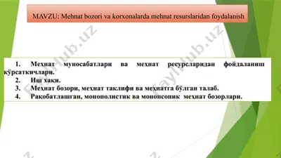 mehnat bozorlari va korxonalarda mehnat resurslaridan foydalanish — PPTX
