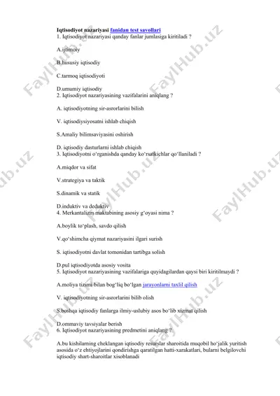 iqtisodiyot nazariyasi fanidan test savollari — DOCX