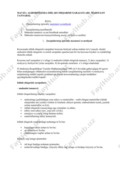 agrobiznesda ishlab chiqarish xarajatlari mahsulot tannarxi — DOCX