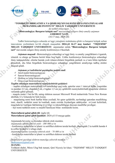 "biotexnologiya: barqaror kelajak sari" mavzusidagi xalqaro ilmiy-amaliy anjuman — DOCX