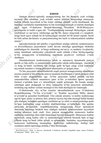 yosh avlodni zamon talablari darajasidagi mutaxassis kadrlar sifatida tayyorlash — DOCX