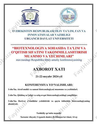"biotexnologiya sohasida ta’lim va o’qitish sifatini takommillashtirish muammo va yechimlari" — DOCX