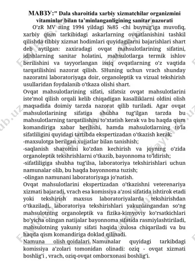 vitaminlar bilan ta'minlangan ovqat mahsulotlari sanitar nazorati — DOCX