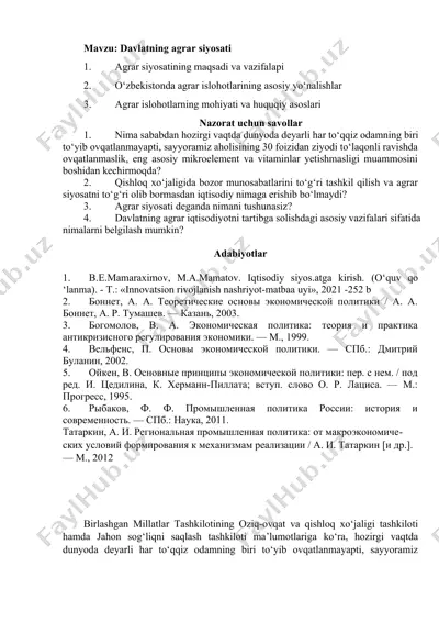 agrar siyosatning o'zbekistonda rivojlanishi — DOCX