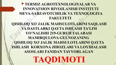 qishloq xo`jalik mahsulotlarini saqlash va dastlabki qayta ishlash ta’lim yo’nalishi — PPTX