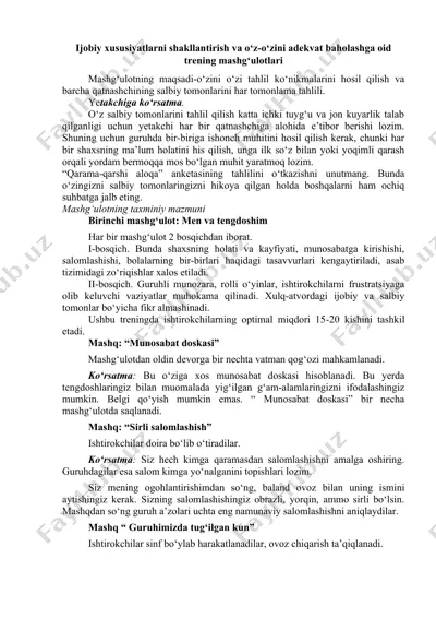 ijobiy xususiyatlarni shakllantirish va o‘z-o‘zini adekvat baholashga oid trening mashg‘ulotlari — DOC