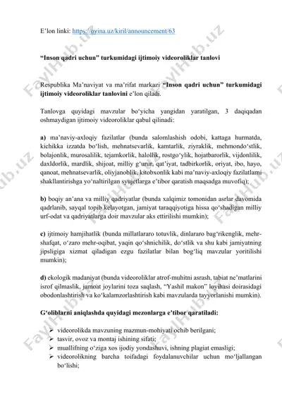 “inson qadri uchun” turkumidagi ijtimoiy videoroliklar tanlovi — DOCX
