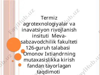 termizagrotexnologiyalar va inavatsiyon rivojlanish instituti meva-sabzavodchilik fakulteti 126-guruh talabasi omonov ixtiandrning mutaxasislikka kirish fandan tayorlagan taqdimoti — PPTX