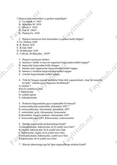 hujayralar va organizmlar nazariyasi test savollari — DOCX