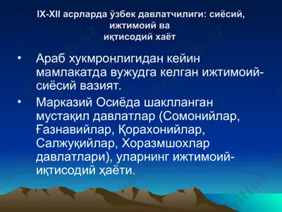 ix-xii асрларда ўзбек давлатчилиги: сиёсий, ижтимоий ваиқтисодий хаёт — PPT