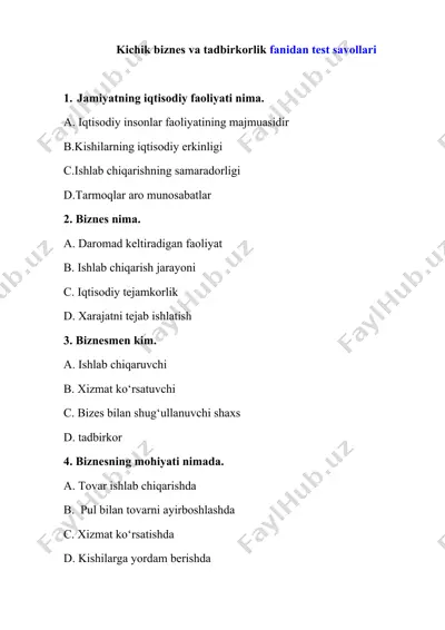 biznes va tadbirkorlik fanidan test savollari — DOCX