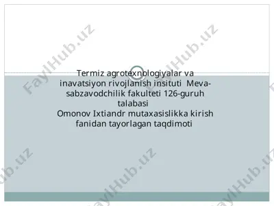 termizagrotexnologiyalar va inavatsiyon rivojlanish instituti meva-sabzavodchilik fakulteti 126-guruh talabasi omonov ixtiyor mutaxasislikka kirish fanidan tayorlangan taqdimoti — PPTX
