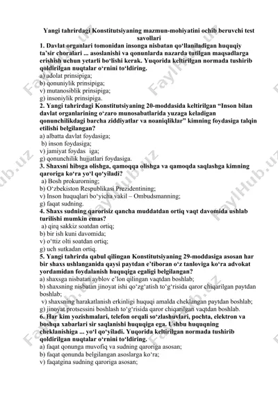 yangi tahrirdagi konstitutsiyaning mazmun-mohiyatini ochib beruvchi test savollari — DOCX