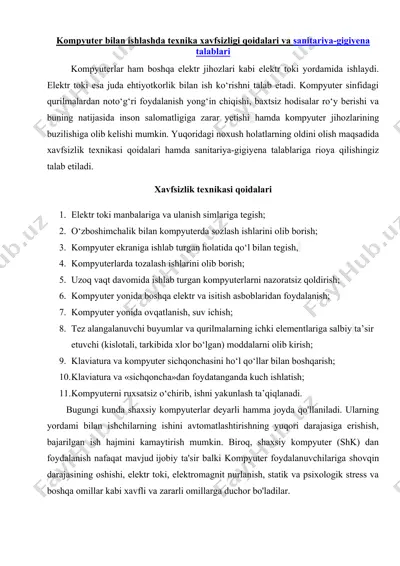 kompyuter bilan ishlashda texnika xavfsizligi qoidalari va sanitariya-gigiyena talablari — DOCX