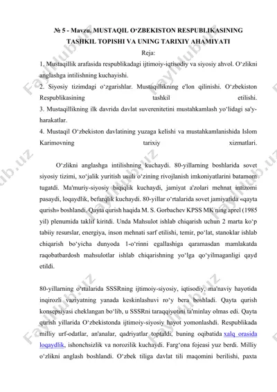 o'zbekiston respublikasining mustaqillikning tarixiy ahamiyatini tushunish — DOCX