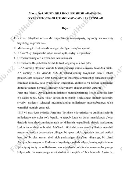 mustaqillikka erishish jarayonlarida o‘zbekistondagi ijtimoiy-siyosiy holat — DOCX
