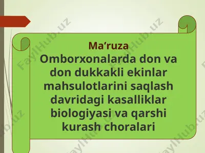 omborxonalarda don va don dukkakli ekinlar mahsulotlarini saqlash davridagi kasalliklar biologiyasi va qarshi kurash choralari — PPTX
