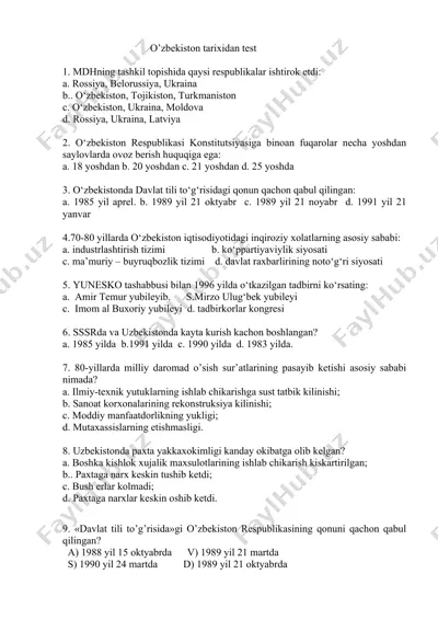 o'zbekiston tarixidan test — DOCX