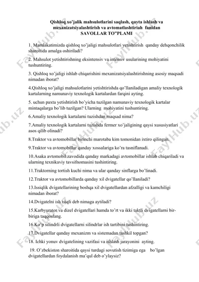 qishloq xo’jalik mahsulotlarini saqlash, qayta ishlash va mexanizatsiyalashtirish va avtomatlashtiriah fanidan — DOCX