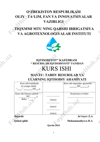 kurs ishi mavzusi "tabiiy resurslar va ularning iqtisodiy ahamiyati" — DOCX
