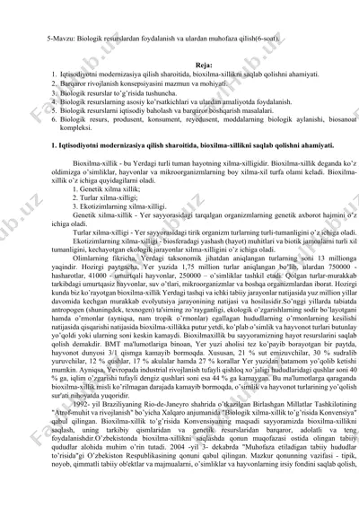 biologik resurslardan foydalanish va ulardan muhofaza qilish — DOCX