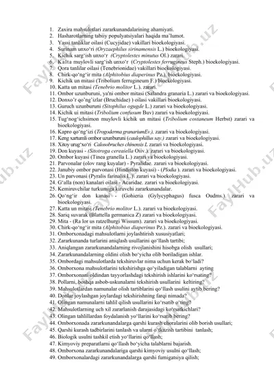 zararkunandalar bo'yicha zaxira mahsulotlari — DOCX