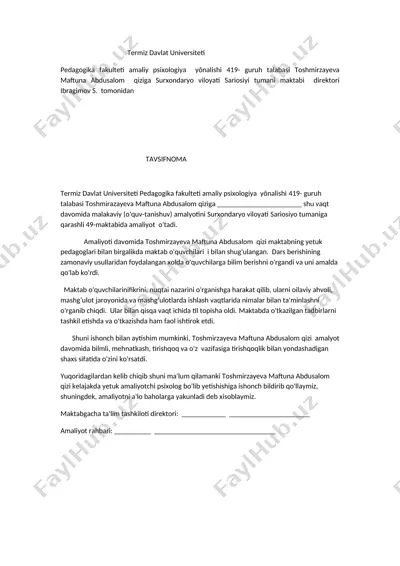 toshmirzayeva maftuna abdusalom qizi amaliy psixologiyasi amalga oshirishining namunasi — DOC