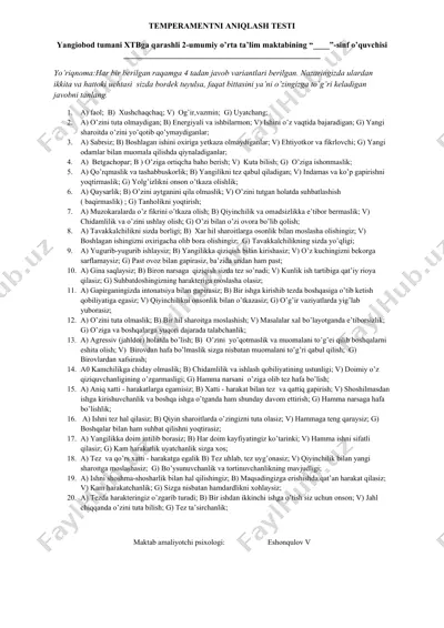 temperamentni aniqlash testi — DOCX