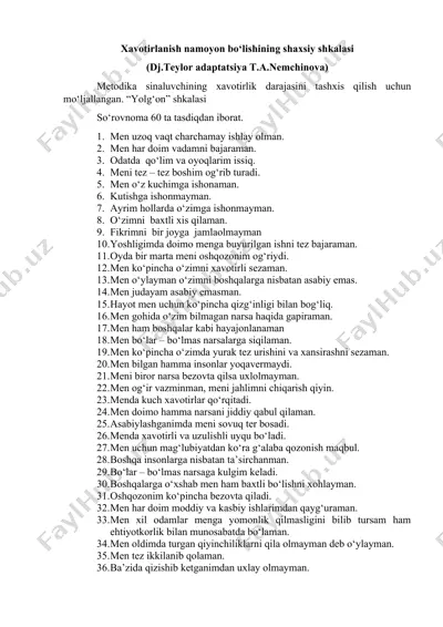 xavotirlanish darajasini tashxis qilishning shaxsiy shkalasi — DOC