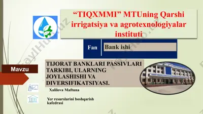 tijorat banklari passivlari tarkibi, ularning joylashishi va diversifikatsiyasi. — PPTX