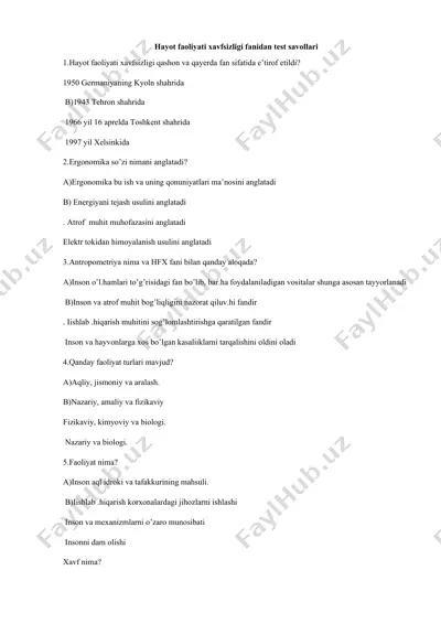 hayot faoliyati xavfsizligi fanidan test savollari — DOCX