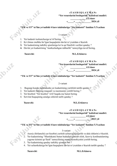 yer kadastri fanidan topshiriqlar uchun variantlar — DOCX